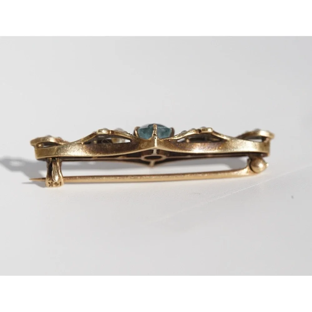 Antique Edwardian 14k Gold Aquamarine Seed Pearl Bar Brooch Art Nouveau c1905 - Picture 4 of 12